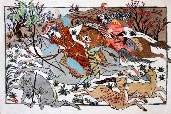 小さいハンティングデザインペルシャ絨毯手織り49008、サイズ:58x39cm