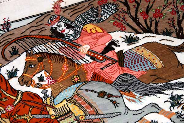 小さいハンティングデザインペルシャ絨毯手織り49008、サイズ:58x39cm