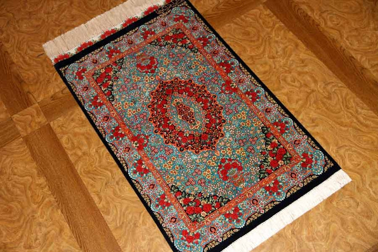 鮮やかなブルー色の玄関マットシルクペルシャ56039、サイズ: 94x58 CM 、blue silk carpet