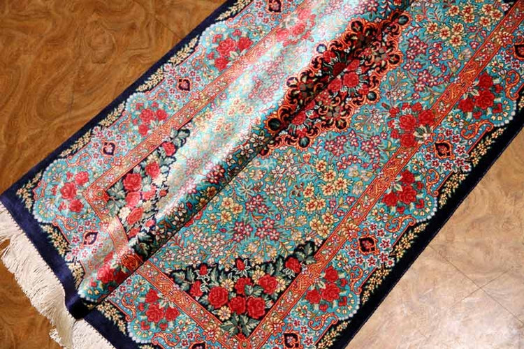 鮮やかなブルー色の玄関マットシルクペルシャ56039、サイズ: 94x58 CM 、blue silk carpet