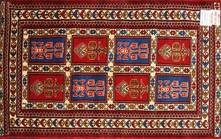 手織りペルシャ絨毯トルケマン産ウール玄関マット58557、サイズ:122x82cm(フサ含まず)