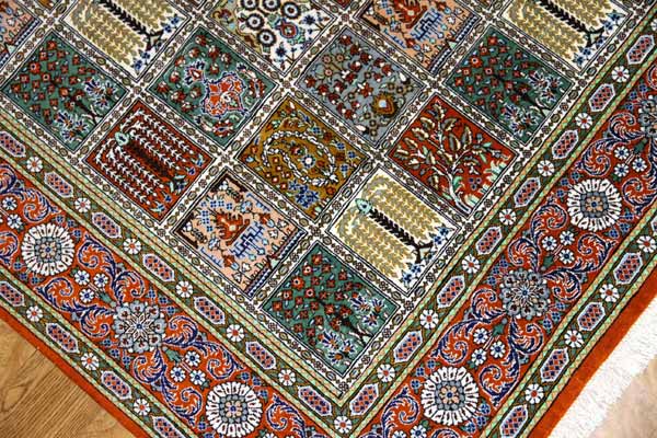 ヘシティーデザイン和風シルクペルシャ絨毯、クム産地イラン輸入49080、サイズ:150x100 CM(フサ含まず)