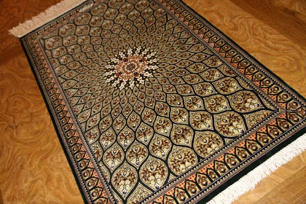 シックな玄関マット、オリエンタルラグマットペルシャ絨毯49031,クム、シルクサイズ:96x60 CM