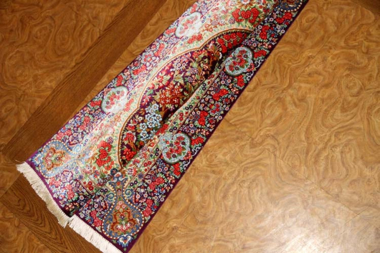 花模様シルク手織りペルシャ絨毯、玄関マットサイズ56049、サイズ: 89x60 CM
