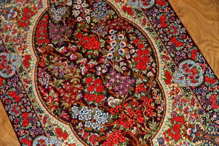 花模様シルク手織りペルシャ絨毯、玄関マットサイズ56049、サイズ: 89x60 CM