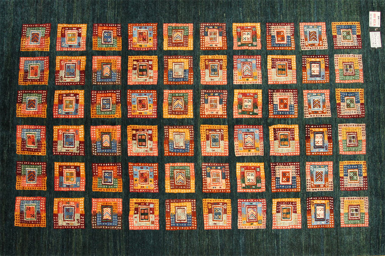 高級オリジナルイラン製ギャッベ、おしゃれチェス模様18841、サイズ:207x142 CM(フサ含まず)