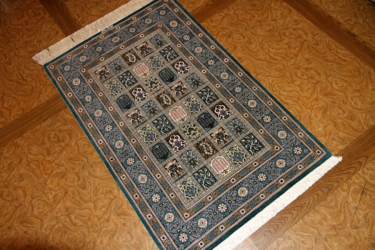 グリーン色のヘシティーデザイン絹玄関マットのペルシャ絨毯56068、サイズ:121x78cm(フサ含まず)
