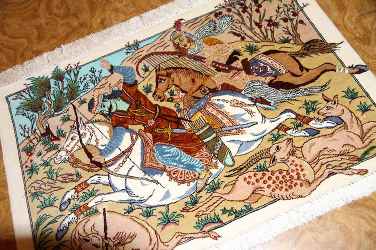 ハンティングデザイン小さい手織りペルシャ50010、サイズ:61x40cm