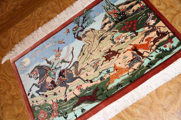 クムシルクのハンティングデザインペルシャ絨毯50013、サイズ:58x40 CM