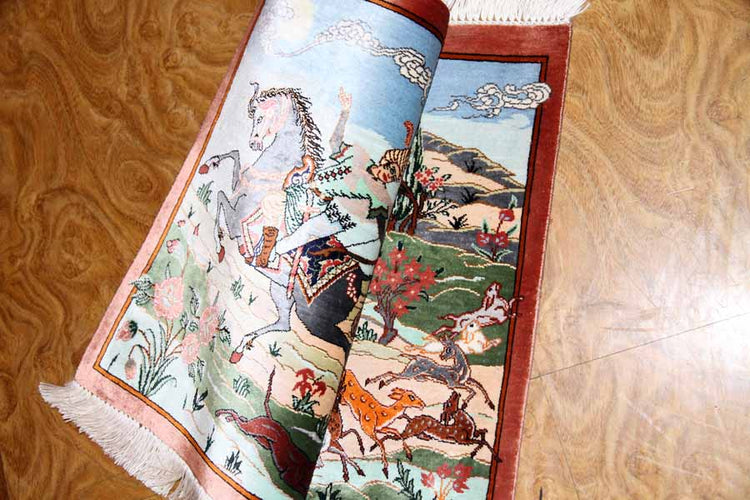 クムシルクのハンティングデザインペルシャ絨毯50013、サイズ:58x40 CM