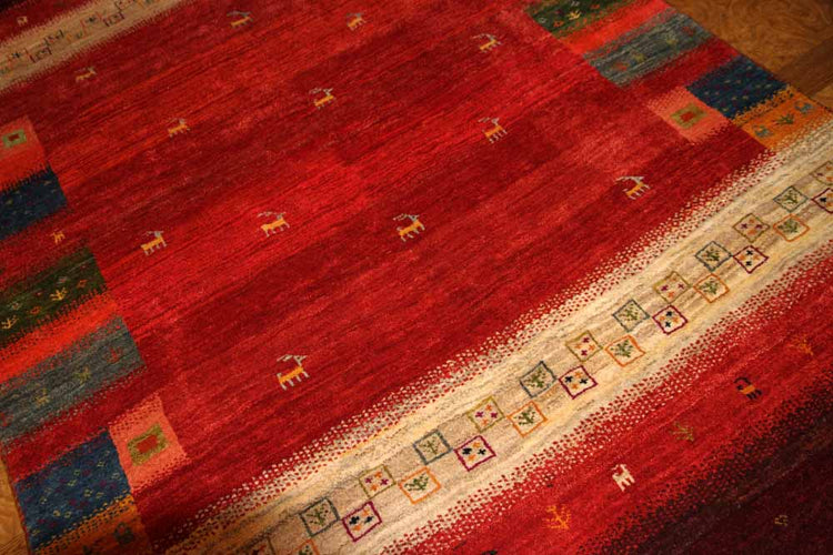 高品質イラン製赤いギャッベ手織りペルシャリビングギャッベ192197、サイズ:245x175 CM (フサ含まず)