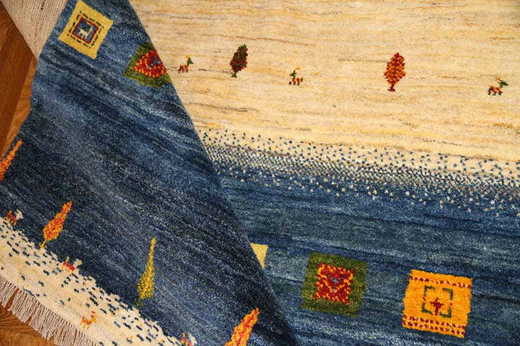 手織りペルシャギャッベオリジナルイラン製のストライプ192200、サイズ:200x149 CM (フサ含まず、
