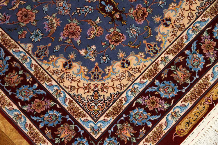 最高級手織りペルシャ絨毯イスファハン玄関マットブルー21113、サイズ:135x90cm(フサ含まず)