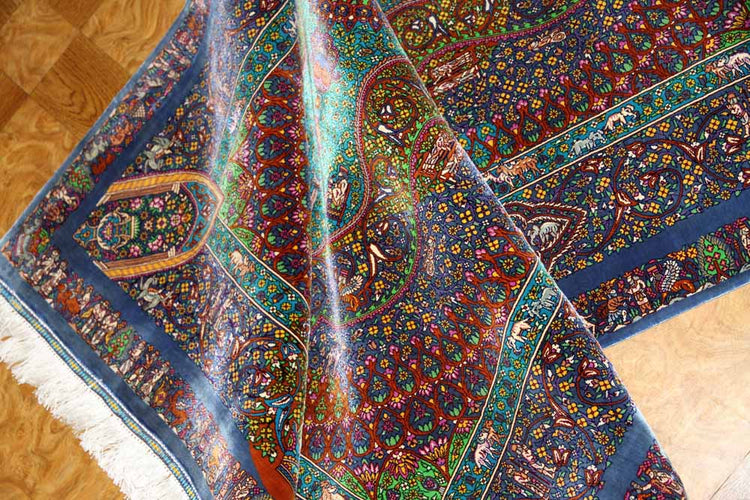 トップクラス手織りシルクペルシャ絨毯有名工房センターラグ60019、サイズ:153x103 CM (フサ含まず)