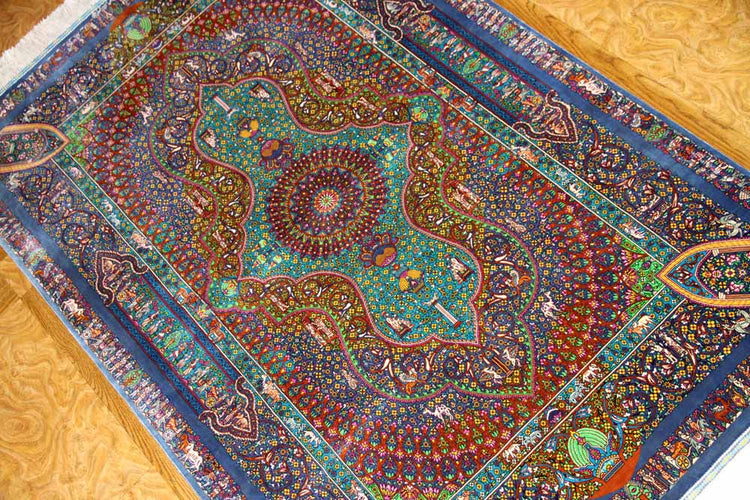 トップクラス手織りシルクペルシャ絨毯有名工房センターラグ60019、サイズ:153x103 CM (フサ含まず)