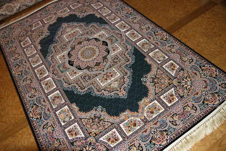 最高級機械織りペルシャカーペットメダリオン紺色990077D,サイズ:225x150 CM (フサを含まず)