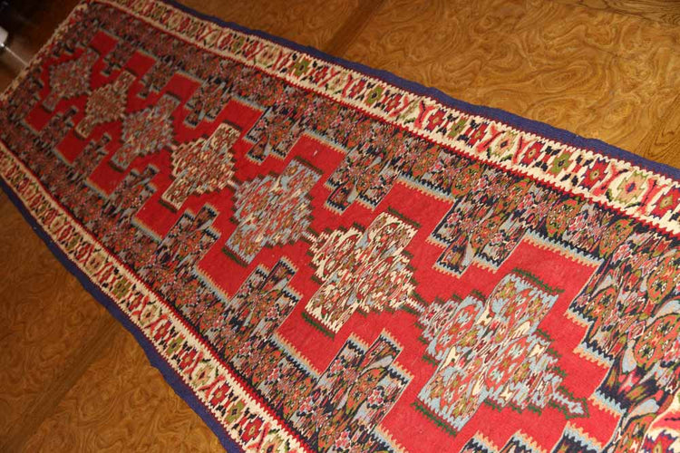 廊下敷き赤いセネキリムイラン輸入235000、サイズ:300x80cm(フサ含まず)