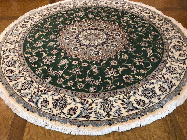 円形のじゅうたん、手織りペルシャ絨毯の丸グリーン188480、サイズ:円形 直径203x203 CM