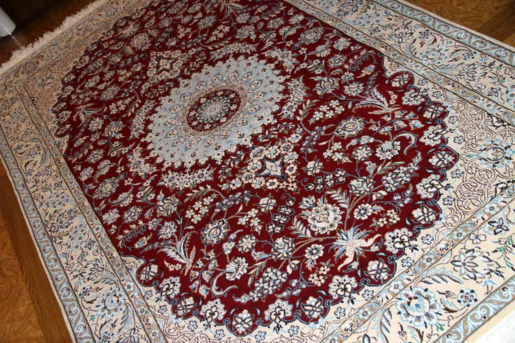 手織りイラン製リビングラグ、ペルシャ絨毯ナイン赤色21151、サイズ:234x145 cm