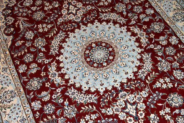 手織りイラン製リビングラグ、ペルシャ絨毯ナイン赤色21151、サイズ:234x145 cm