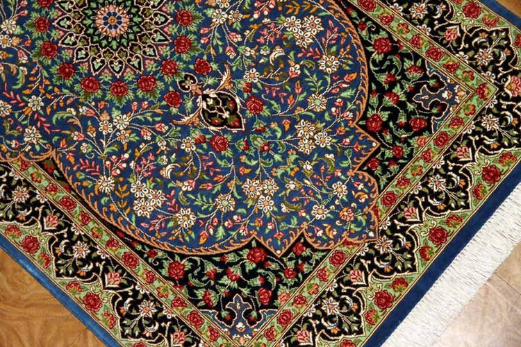 シルクのペルシャ絨毯玄関マットブルー色56041、イラン輸入、サイズ: 98x60 CM
