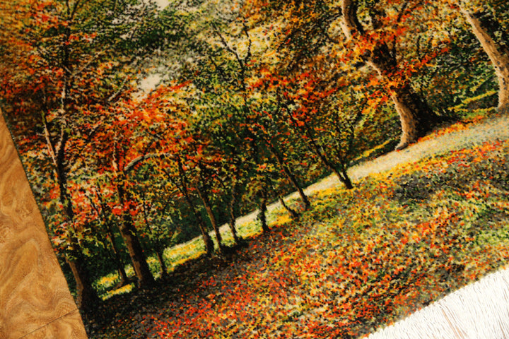 オータムの風景でペルシャ手織り絨毯50111、景色絨毯、風景絨毯、サイズ:84x60cm(フサ含まず)