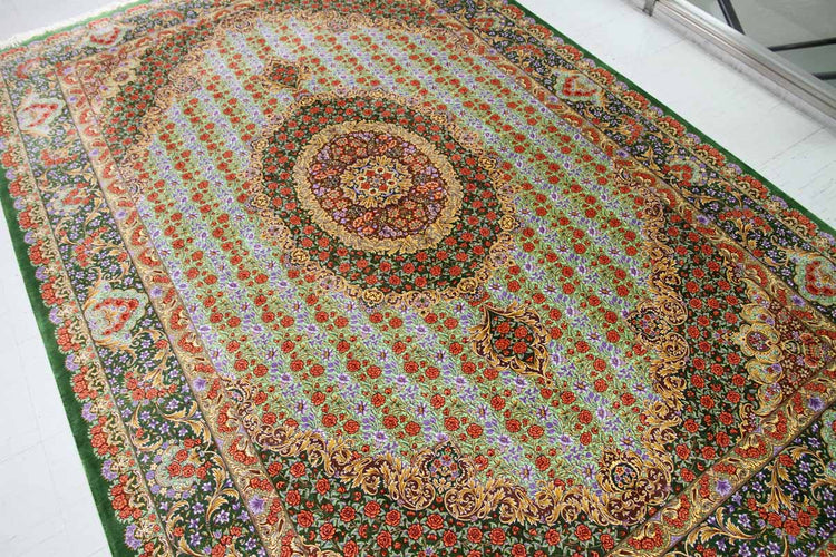 最高級手織りシルクリビングペルシャ絨毯6平米555601、絹じゅうたん,サイズ:300x200 CM (フサ含まず)