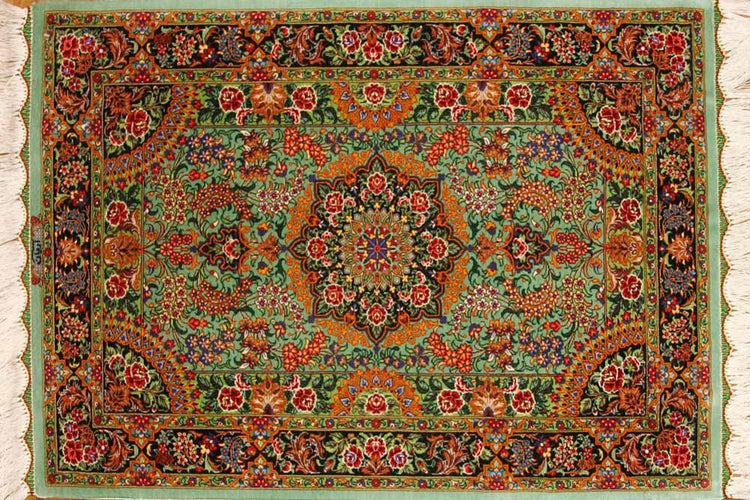 最高級手織りペルシャ絨毯クムシルク玄関マット75117、サイズ: 90x60 CM