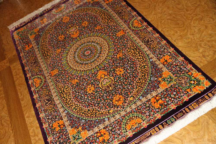 最高級手織りセンターラグ、クムシルクのペルシャ絨毯60022,サイズ:146x100 CM (フサ含まず))