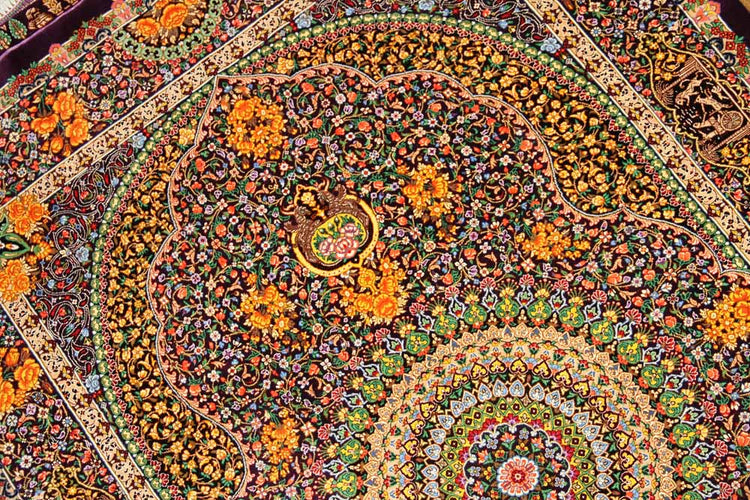 最高級手織りセンターラグ、クムシルクのペルシャ絨毯60022,サイズ:146x100 CM (フサ含まず))