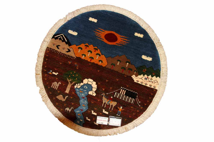 おしゃれ丸ギャッベ、手織りオリジナルペルシャギャッベ37172 , サイズ:100x100 CM