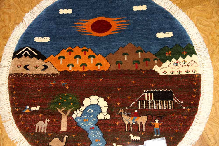 おしゃれ丸ギャッベ、手織りオリジナルペルシャギャッベ37172 , サイズ:100x100 CM
