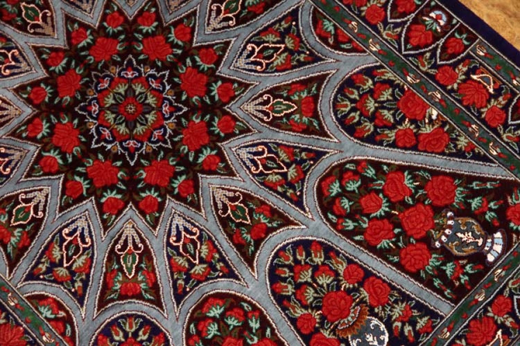 珍しいデザインの玄関マットシルクペルシャ絨毯56042、工房:RAHIMI、サイズ: 91x60 CM