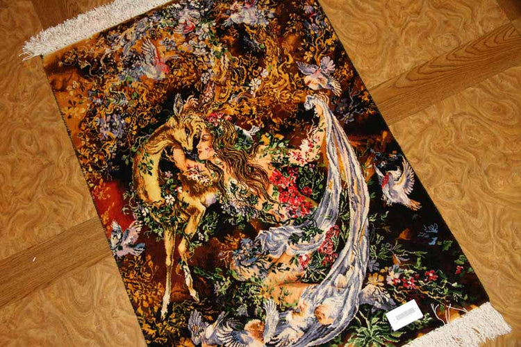 ペルシャ絨毯のタブリーズ珍しいピクチャー模様55355、サイズ:97x68cm(フサ含まず)