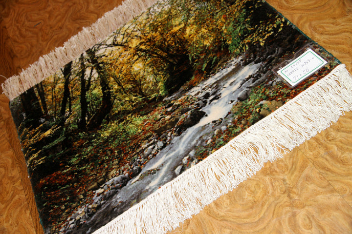 川の風景のピクチャー模様手織りペルシャ絨毯50105、carpet picure design、サイズ:71x50cm(フサ含まず)