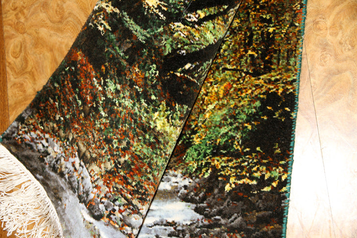 川の風景のピクチャー模様手織りペルシャ絨毯50105、carpet picure design、サイズ:71x50cm(フサ含まず)
