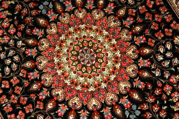 高級玄関マットペルシャ絨毯クムシルク100％メダリオンデザイン 49043 サイズ：91x58 CM