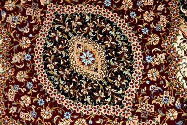 クム産地シルク100％玄関マットメダリオンデザイン、ペルシャ絨毯49038、サイズ：95x60 CM