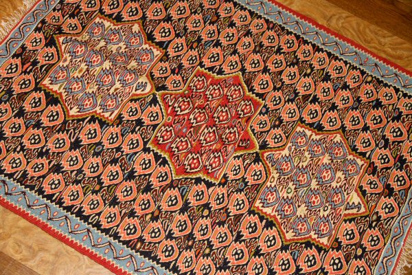 キリム玄関マットセネ産地イラン輸入46368、サイズ：100x77ｃｍ（フサ含まず）