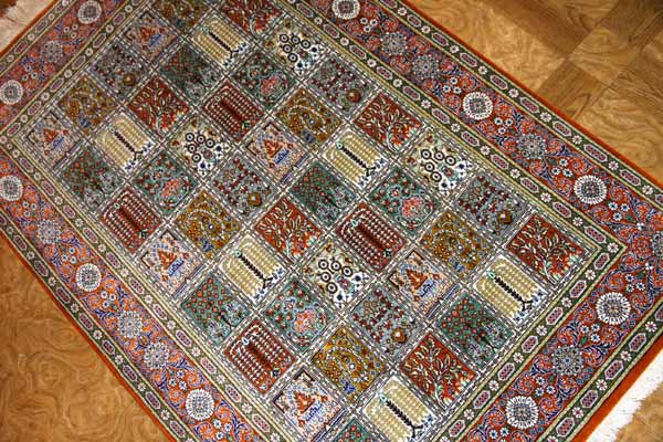 ヘシティーデザイン和風シルクペルシャ絨毯、クム産地イラン輸入49080、サイズ：150x100 CM（フサ含まず）
