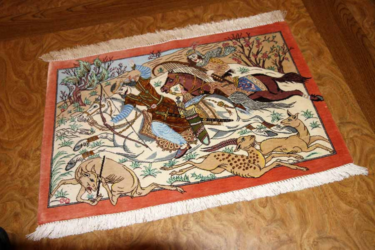 シルクのハンティングデザイン手織りペルシャ50006、サイズ：60x40ｃｍ