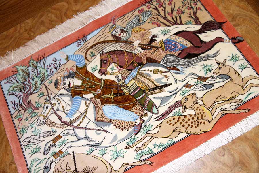 シルクのハンティングデザイン手織りペルシャ50006、サイズ：60x40ｃｍ