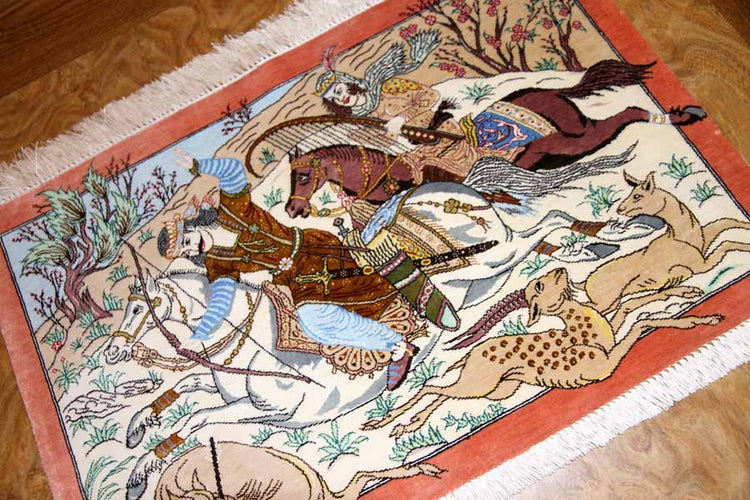 シルクのハンティングデザイン手織りペルシャ50006、サイズ：60x40ｃｍ