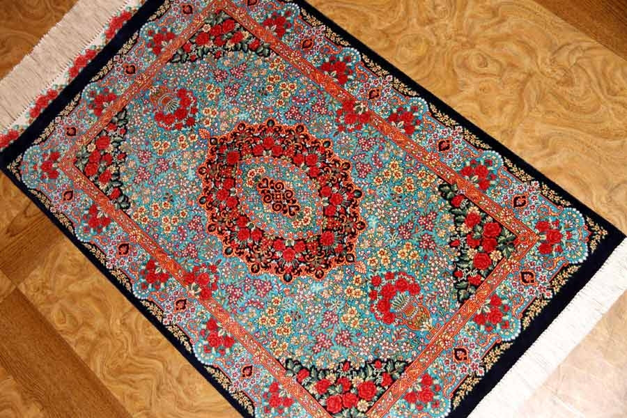 鮮やかなブルー色の玄関マットシルクペルシャ56039、サイズ： 94x58 CM 、blue silk carpet
