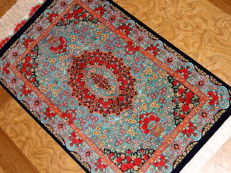 鮮やかなブルー色の玄関マットシルクペルシャ56039、サイズ： 94x58 CM 、blue silk carpet