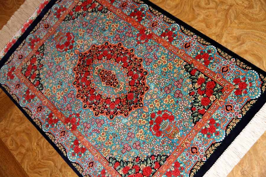 鮮やかなブルー色の玄関マットシルクペルシャ56039、サイズ： 94x58 CM 、blue silk carpet