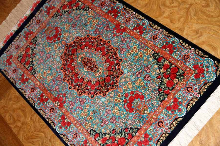 鮮やかなブルー色の玄関マットシルクペルシャ56039、サイズ： 94x58 CM 、blue silk carpet