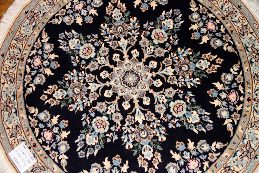 丸い手織りペルシャ絨毯ナイン紺色28661、サイズ：112x112 CM