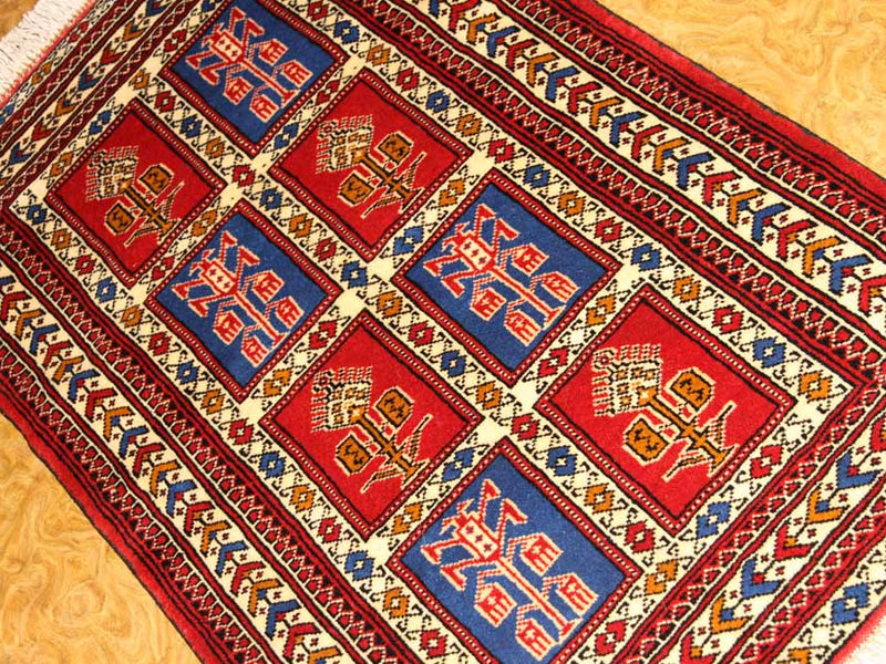 手織りペルシャ絨毯トルケマン産ウール玄関マット58557、サイズ：122x82ｃｍ（フサ含まず)