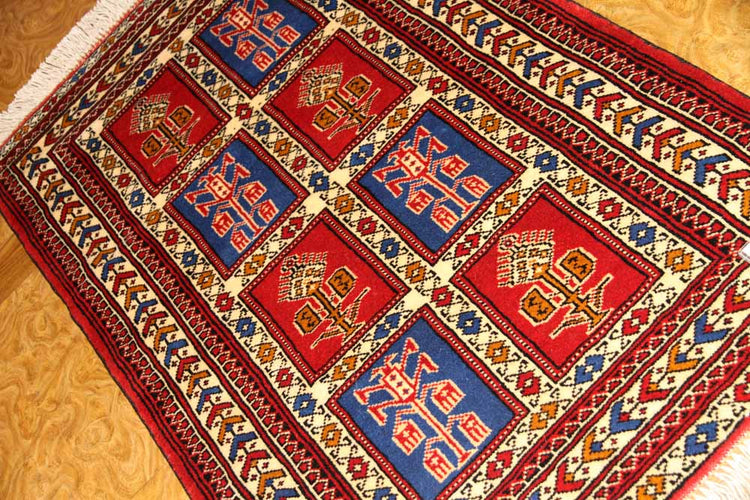 手織りペルシャ絨毯トルケマン産ウール玄関マット58557、サイズ：122x82ｃｍ（フサ含まず)